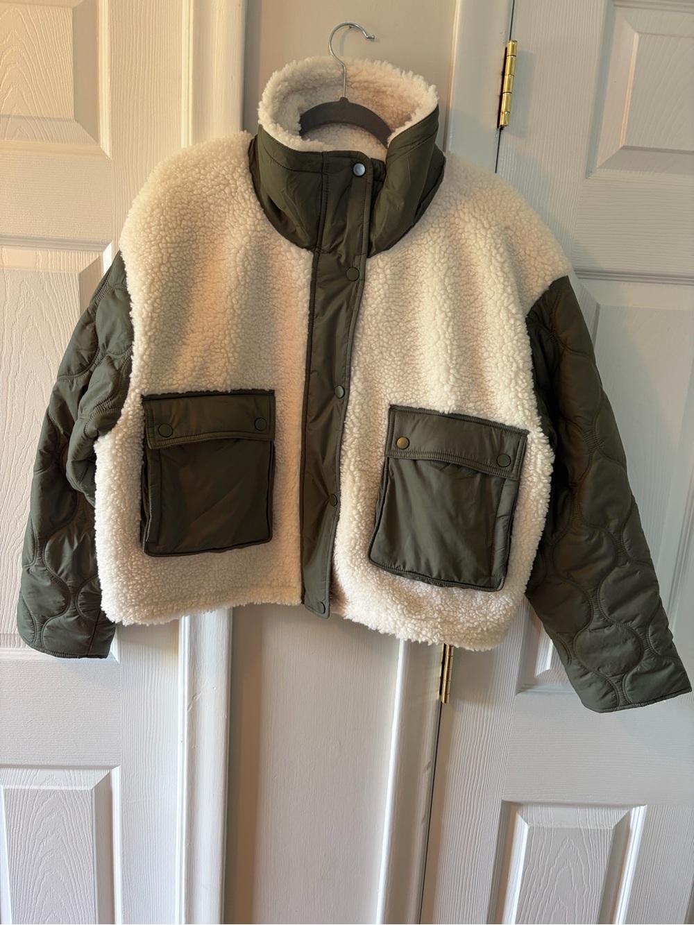 Athleta Fleece Hybrid Olive Green and Cream Sherpa Jacket